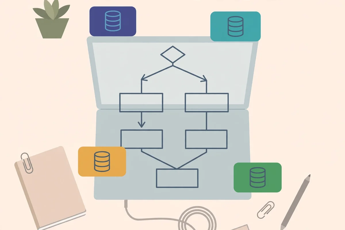 Illustration of a developer choosing a vector database via a decision diagram on a laptop