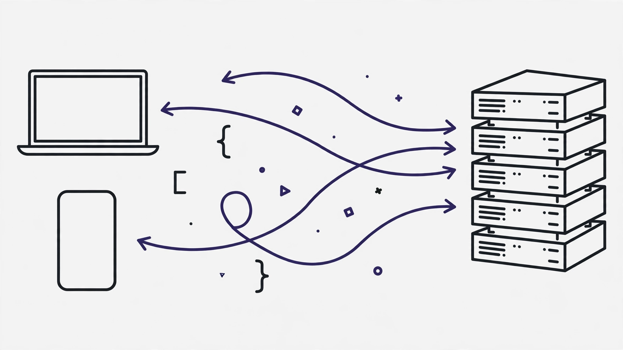 Cover illustration for the REST API design guide showing devices exchanging data with a server