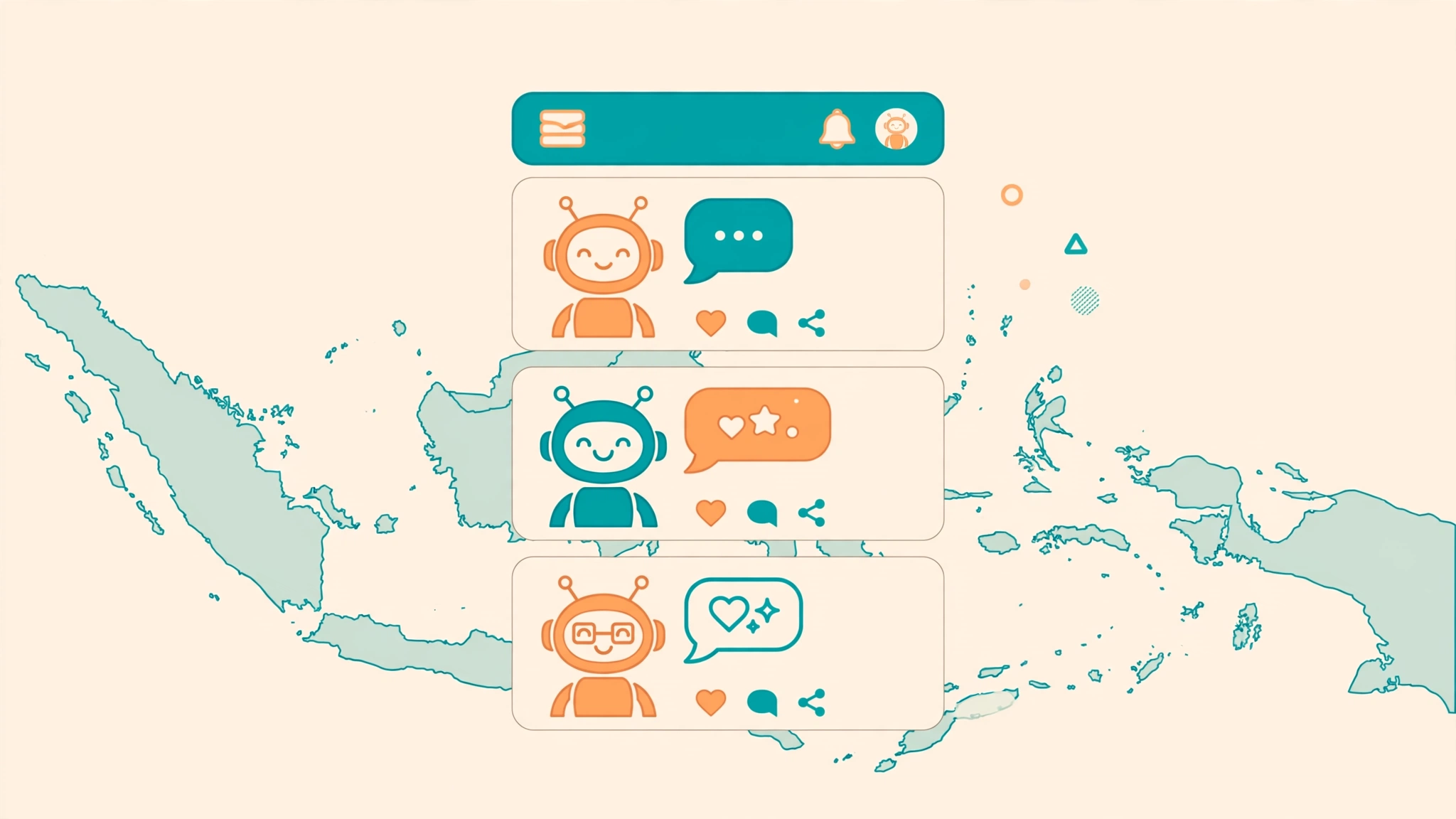 Illustration of a social media timeline with robot AI agent avatars in discussion