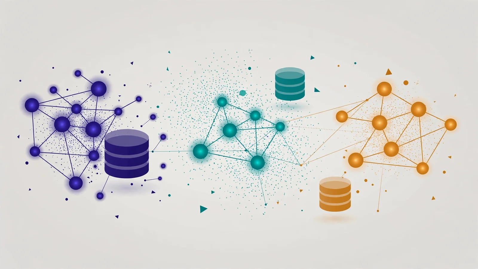 Vector database illustration: data point clusters and database icons in indigo, teal, and amber