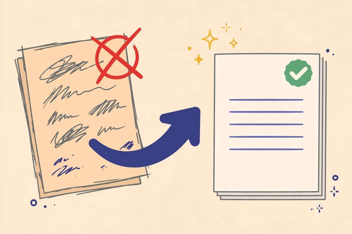Illustration of prompt iteration: a rough draft with scribbles becoming a polished document