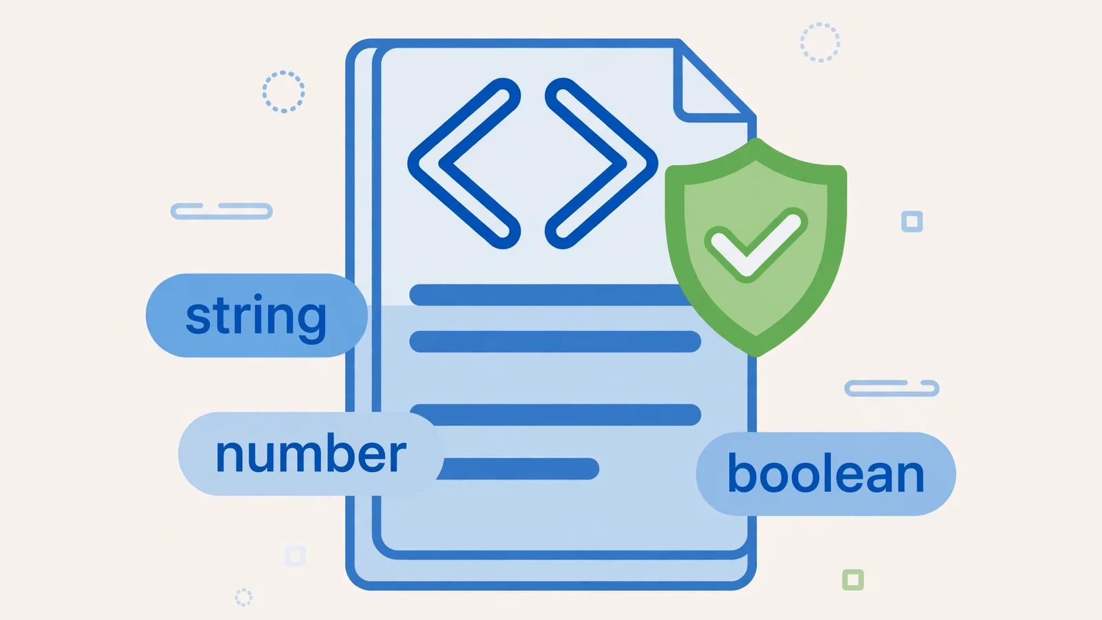 Illustration of TypeScript best practices with string number boolean type badges and validation shield
