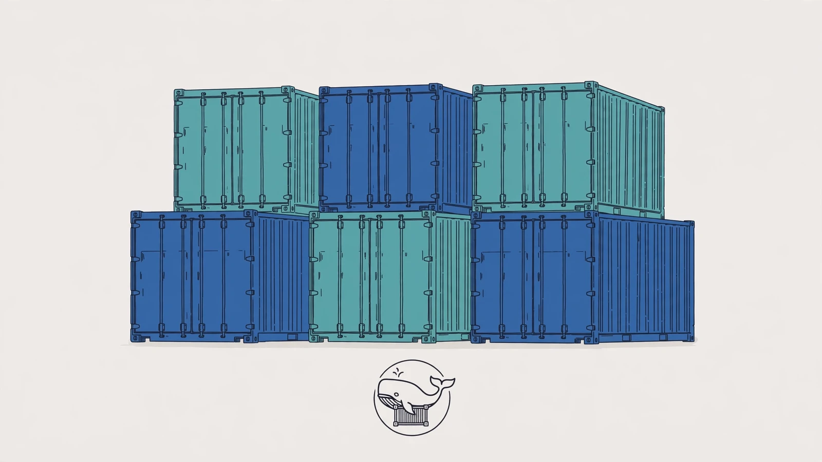 Blue shipping containers stacked as a Docker for developers concept illustration on a light background