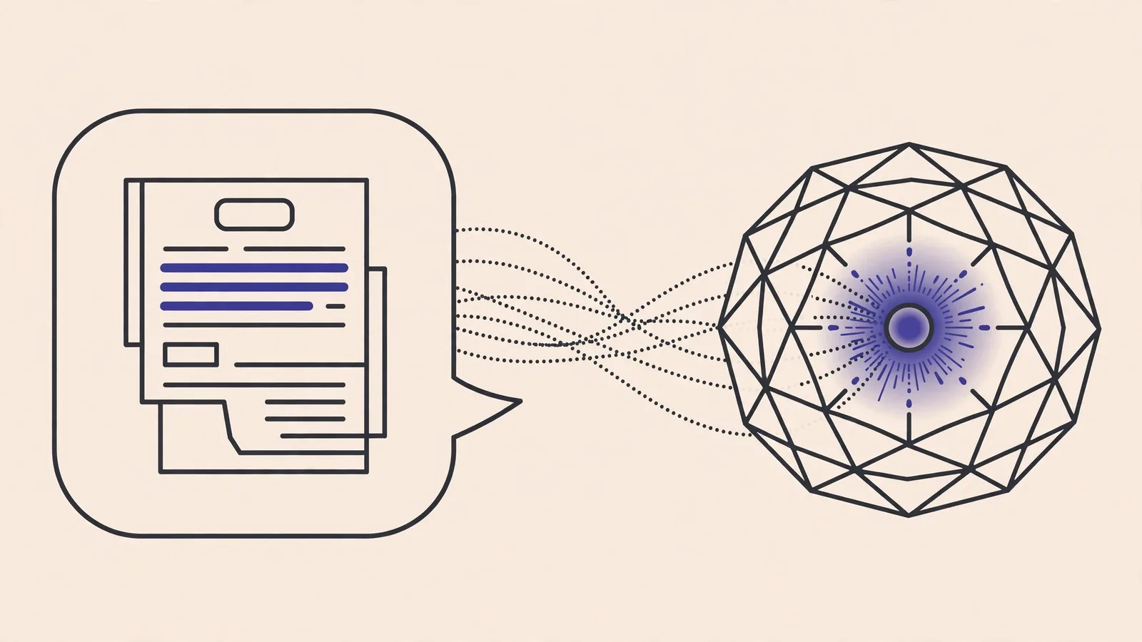 Illustration of prompt engineering: a chat bubble holding a structured document connected to a geometric AI core