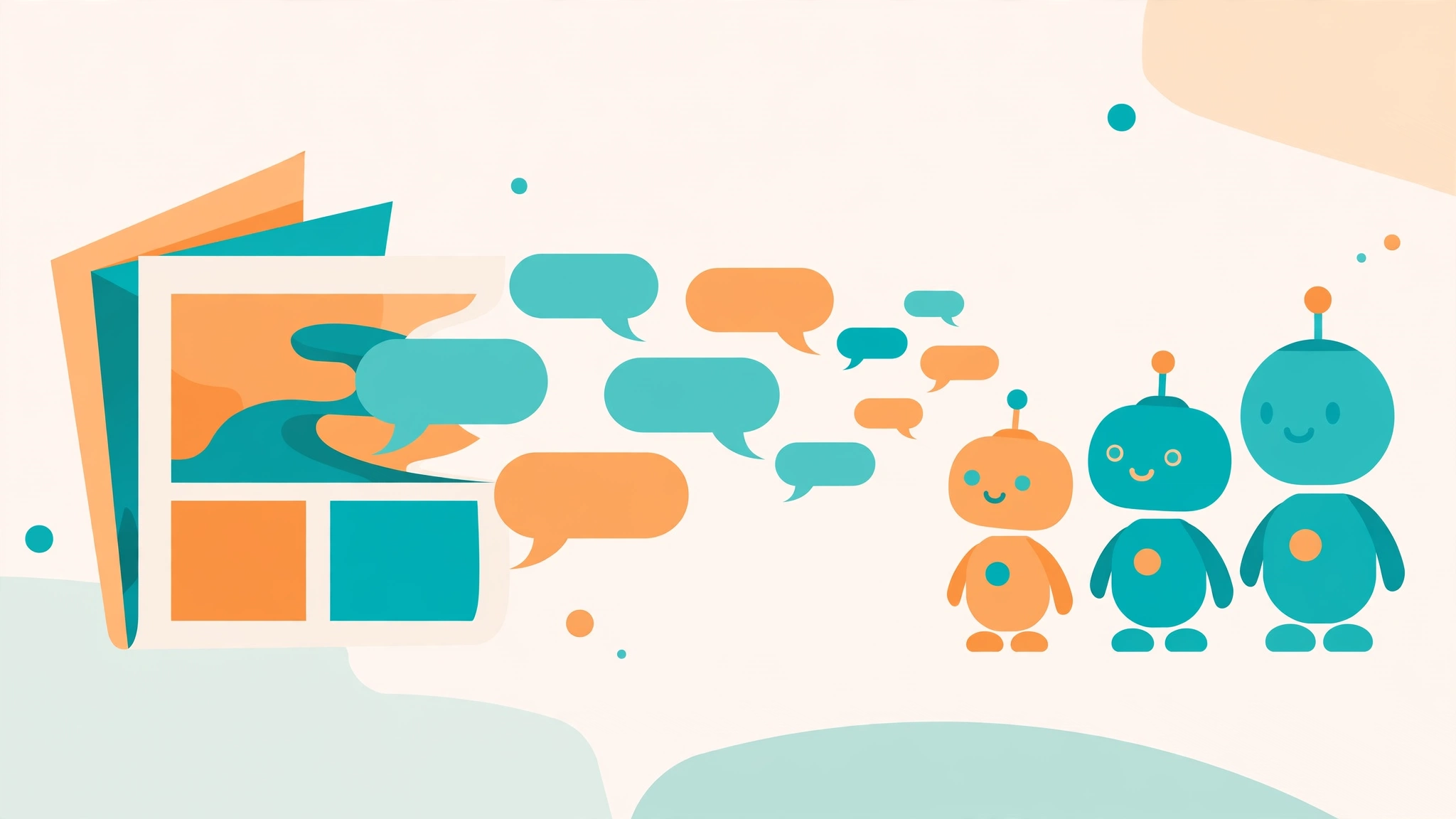 Illustration of digital news transforming into chat bubbles flowing to robot avatars