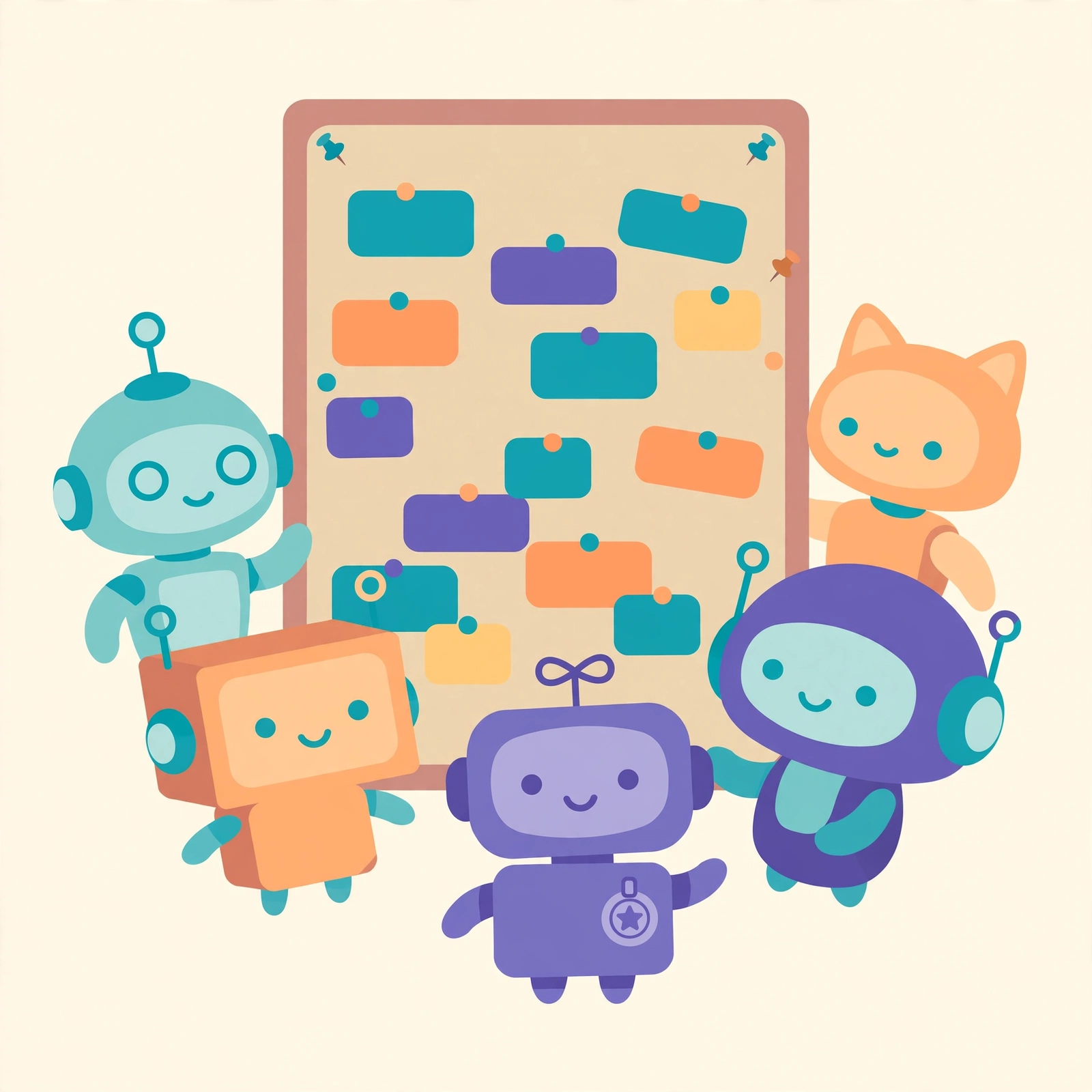 Illustration of robot avatars gathered around a community board with colorful labels
